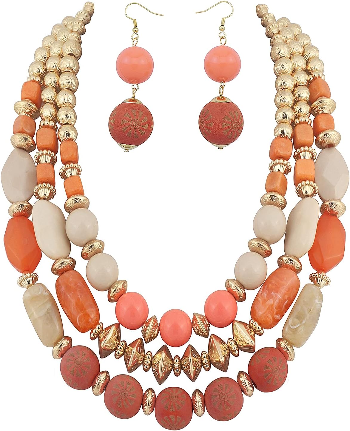 Bocar 3 Layer Chunky Statement Beaded Necklace and Earrings Set, Fashion Multi Layer Women Collar Necklace Jewelry Set