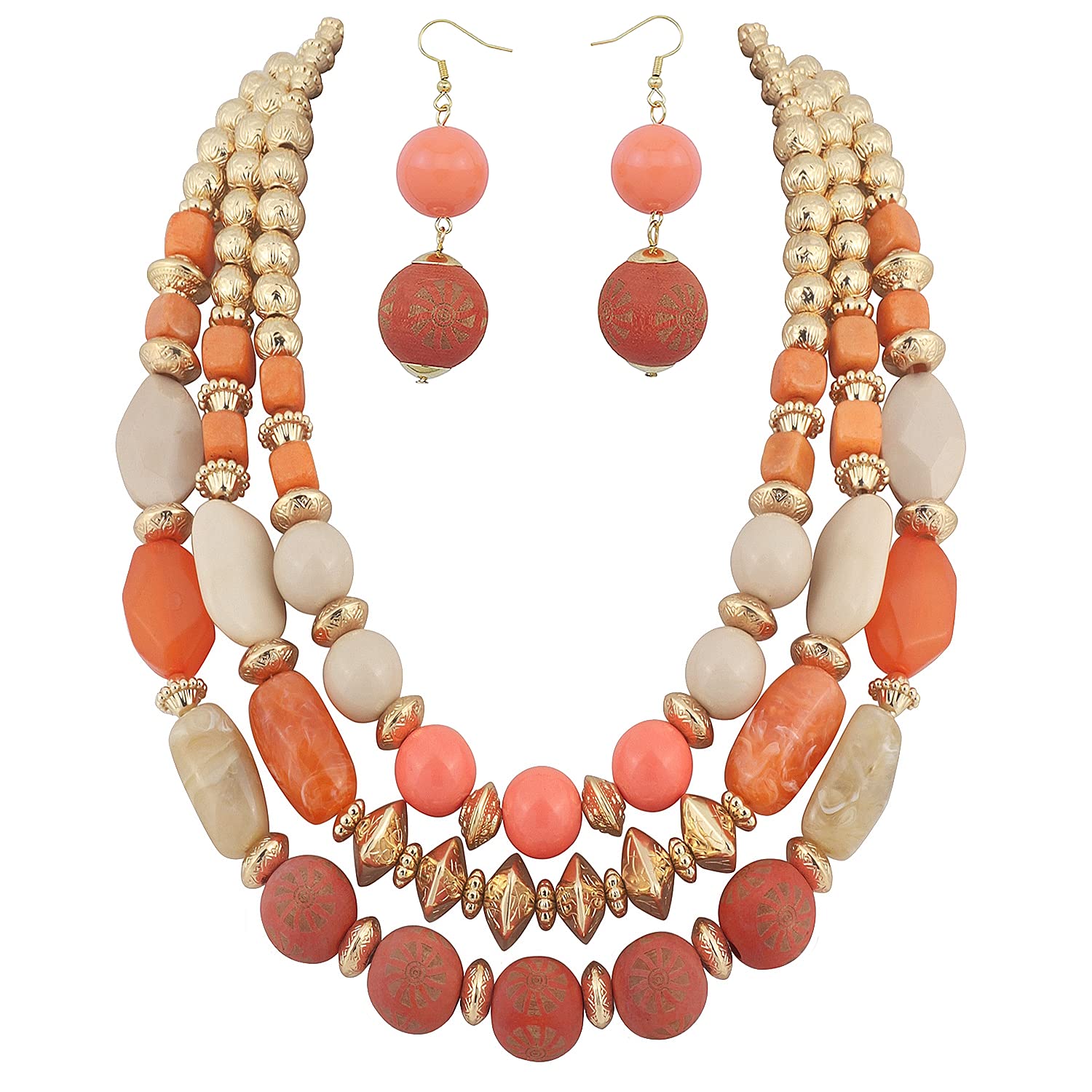 Bocar 3 Layer Chunky Statement Beaded Necklace and Earrings Set, Fashion Multi Layer Women Collar Necklace Jewelry Set