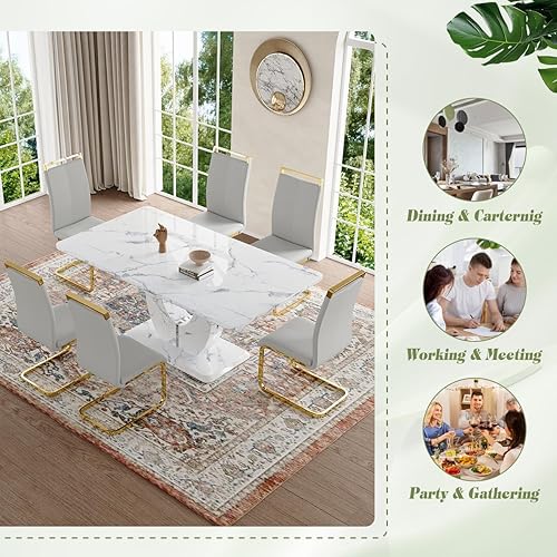 Miniatura 6 de JUFU Juego de mesa de comedor para 6, juegos de mesa de comedor de mármol, mesa de comedor de cocina moderna de 63 pulgadas y sillas con parte