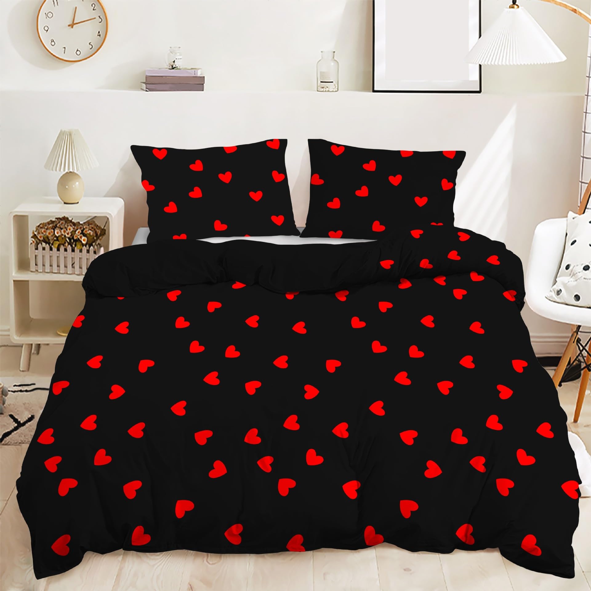 Housse de couette pour chambre d'homme et femme 260x240 motif cœur noir