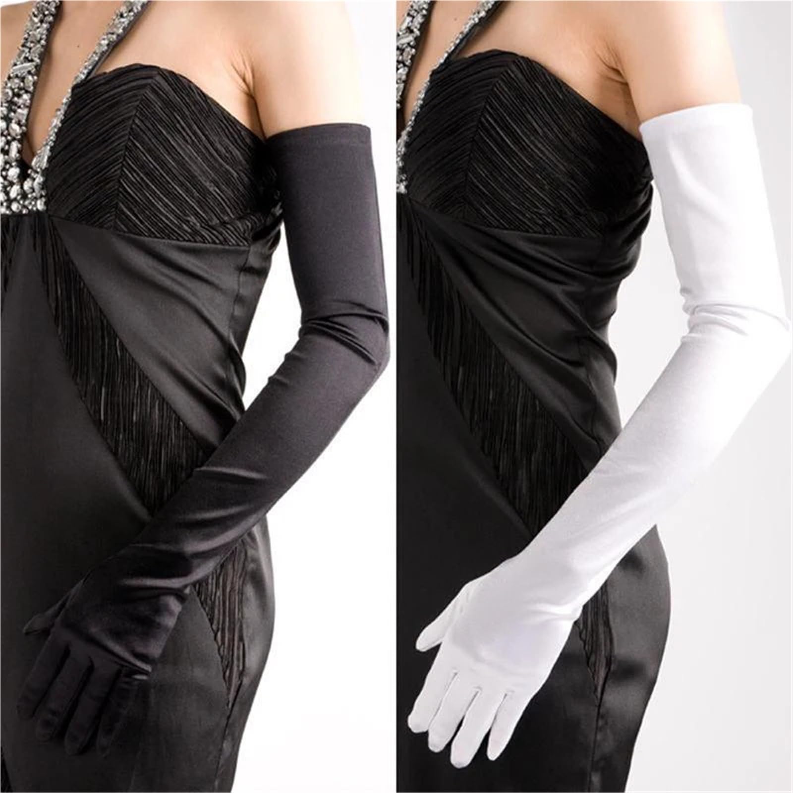 2 paia di guanti lunghi da donna classici for opera/gomito in raso elasticizzato con dita, flapper, costume coordinato Per Feste E Balli