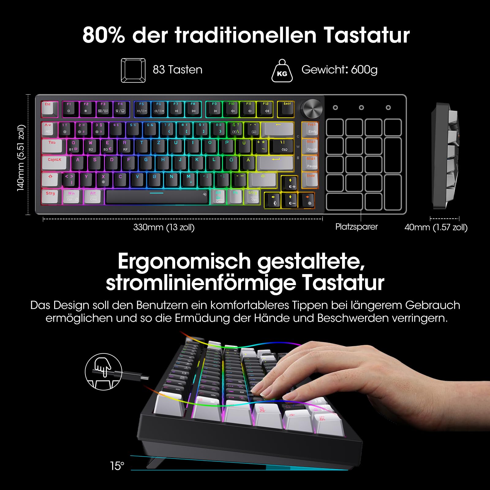 KOORUI Mechanische Gaming Tastatur, Kabellos/Kabelgebunden/Bluetooth, 26 RGB, Wiederaufladbar 4000mAh, 82 Tasten Deutsches Layout QWERTZ, Roter Schalter