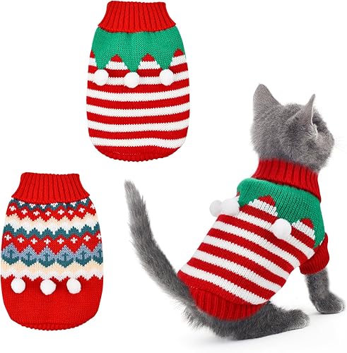 2 suéteres de Navidad para cachorros, gatos, cuello alto, ropa de punto de elfo, ropa cálida para perros, suéter para gatitos y cachorros, XS