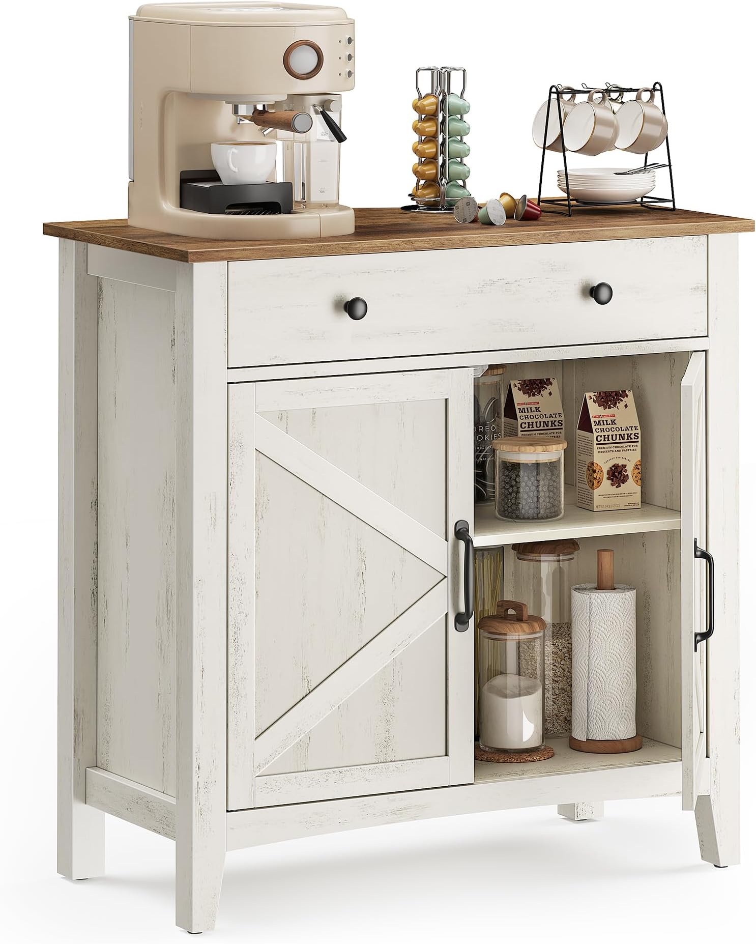 Coffee Bar Cabinet, Kitchen Storage Cabinet with Drawer, Farmhouse Cabinet Sideboard with Adjustable Shelf for Kitchen, Rustic White and Honey Brown UBBK341W01