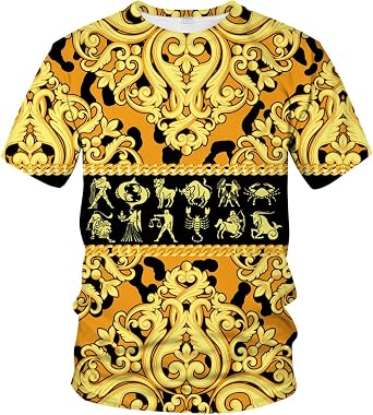 LAOLIUSN Mens Gold Shiny Printed T-Shirt - Golden Ornate Theme, Floral Graphic Tee Shirt