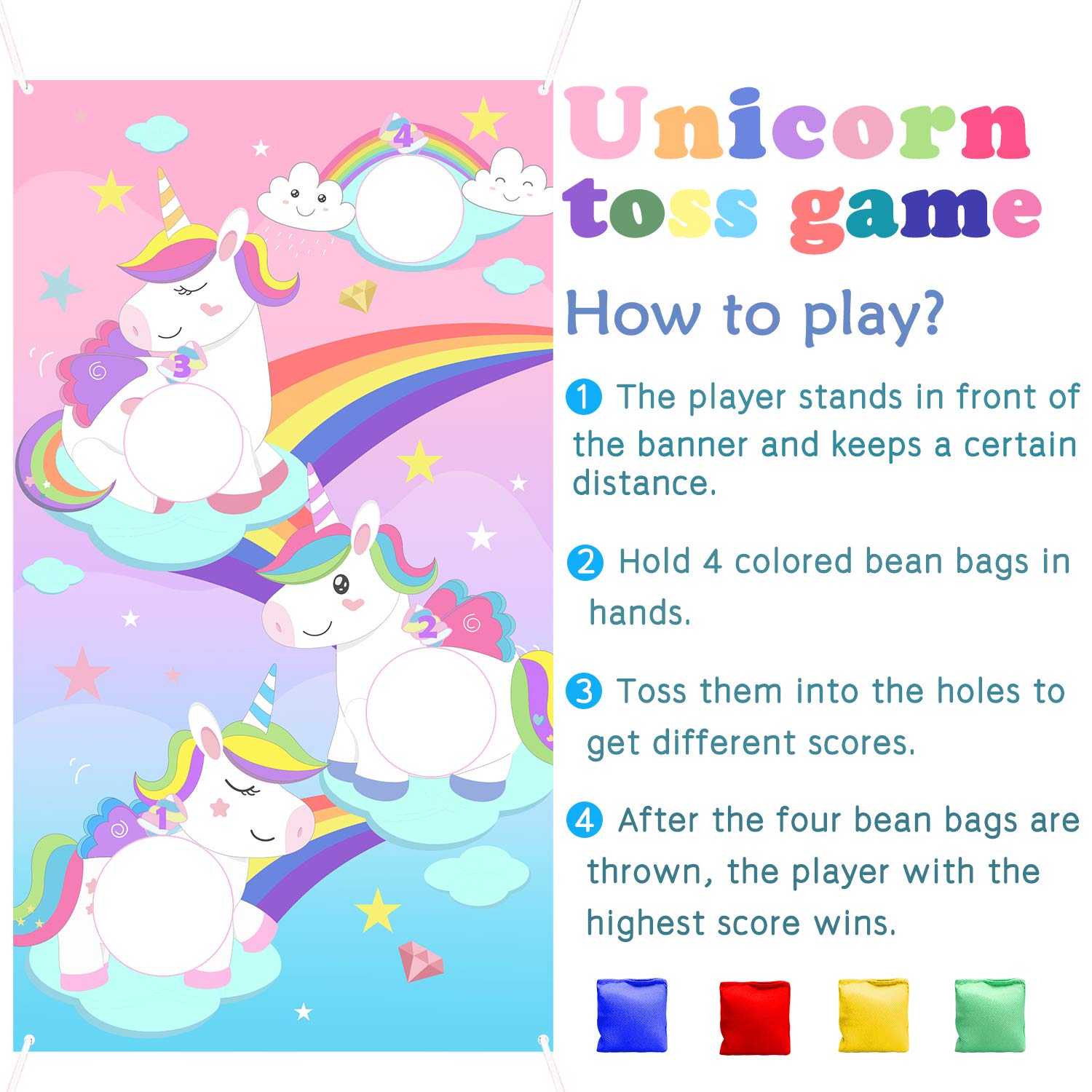 Unicorn Bean Bag Toss Game with 4 Bean Bags, Fun Indoor Outdoor Game