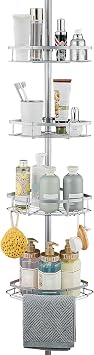 WPT Grey Shower Caddy Corner Organizer for Bathroom, Stainless Steel Tension Pole Corner Shelf Shower Caddy Stand for Bathtub Shampoo Storage, 4 Tier Adjustable Shelves, 28.7 to 104.7 Inches