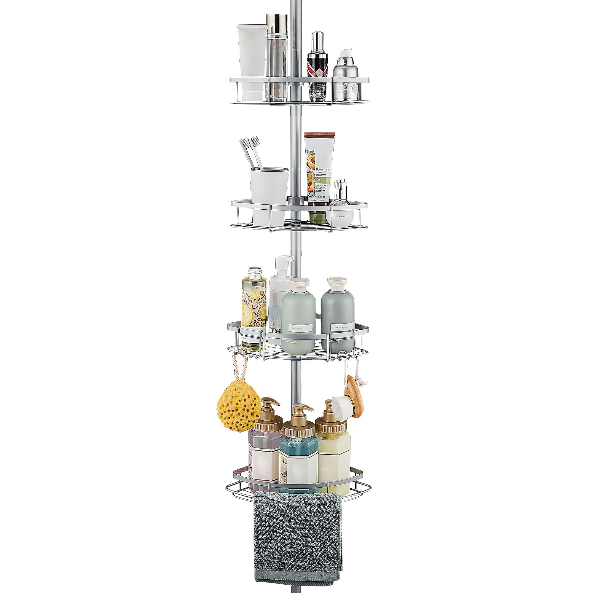 WPT Grey Shower Caddy Corner Organizer for Bathroom, Stainless Steel Tension Pole Corner Shelf Shower Caddy Stand for Bathtub Shampoo Storage, 4 Tier