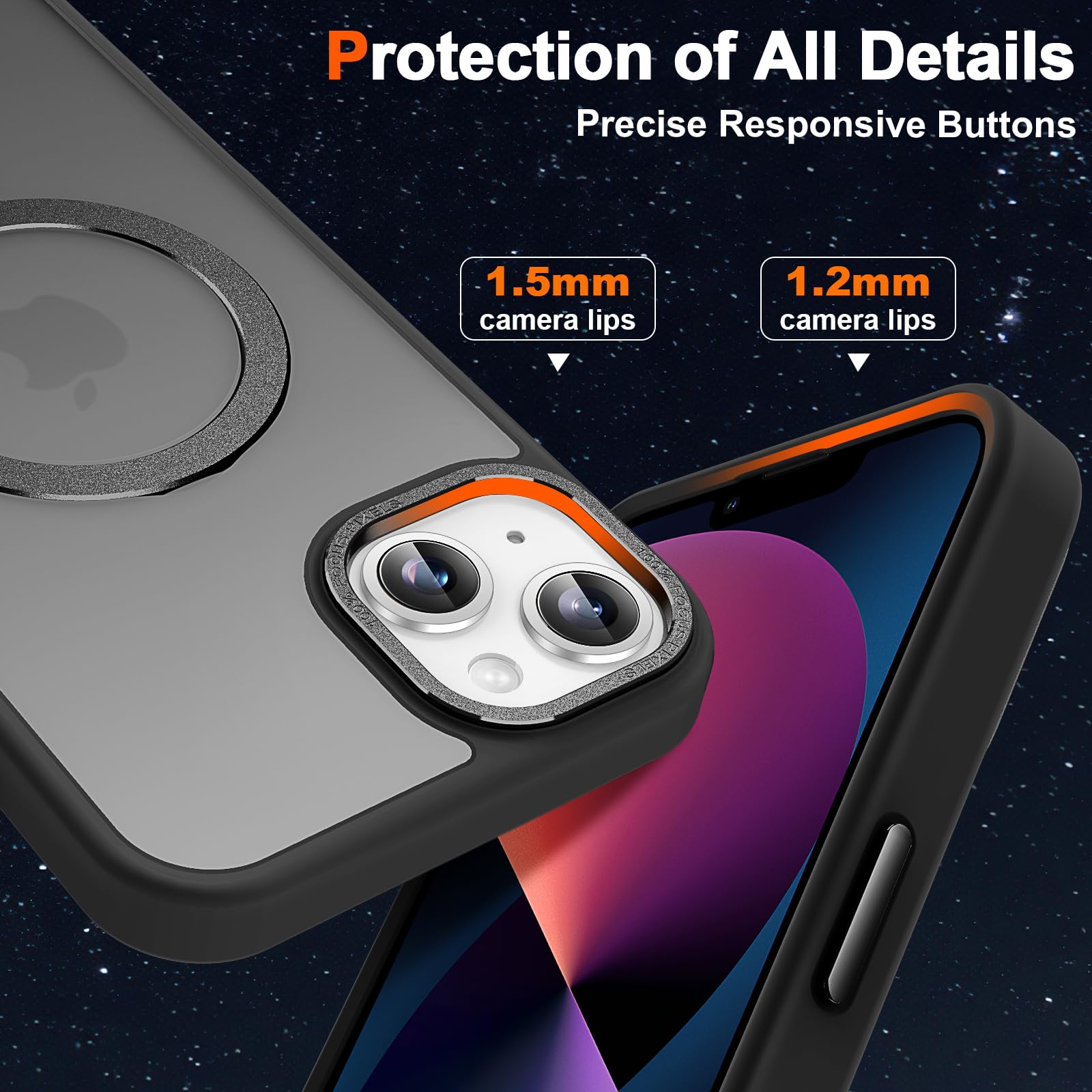 Custodia magnetica per iPhone 13 con supporto ad anello, nero | Cavalletto magnetico invisibile, 3 m, protezione contro le cadute, antiurto, tocco vellutato, retro opaco traslucido sottile