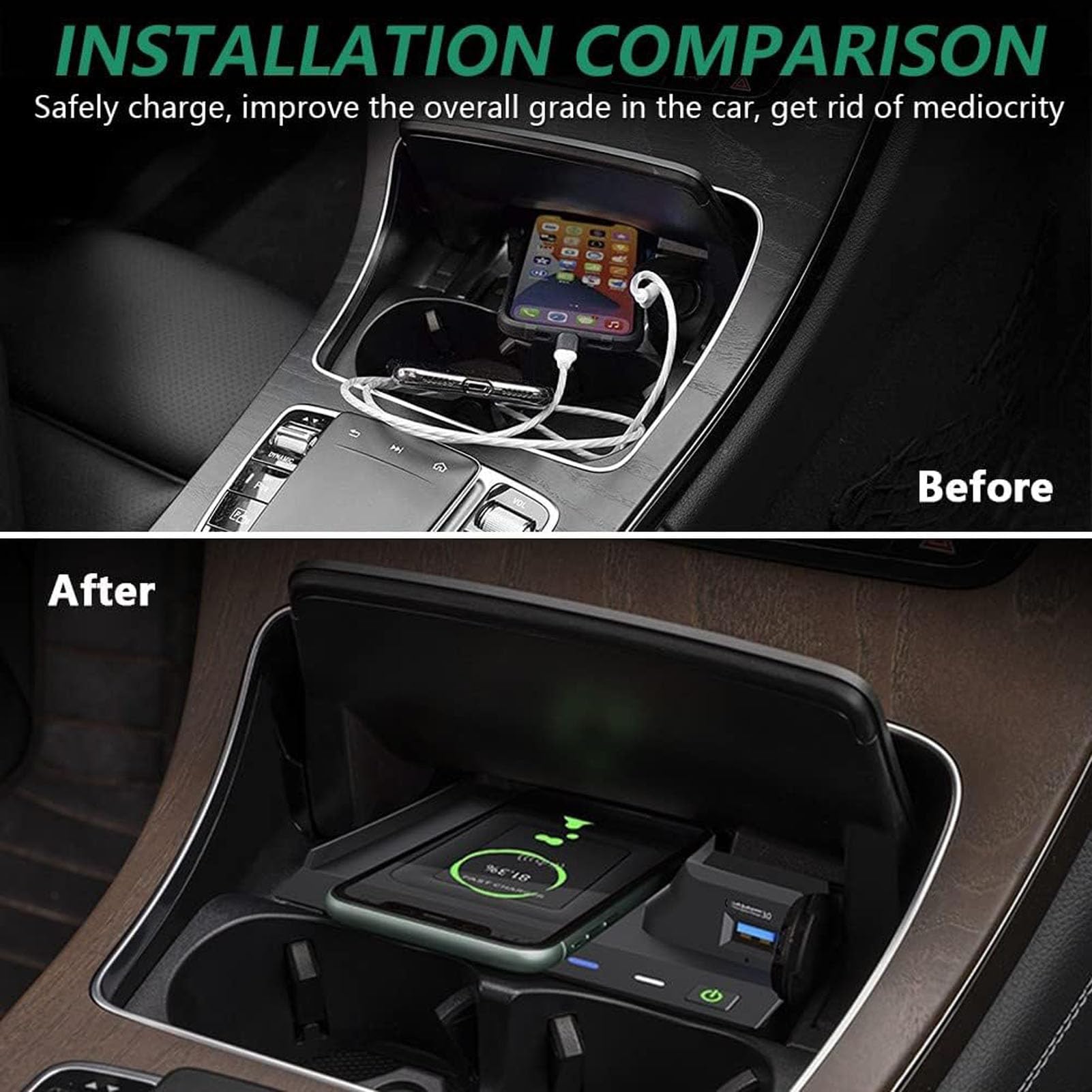 Caricatore Wireless Per Auto per Mercedes Benz Classe C Glc (2015-2022) Tutti I Modelli Con Sistema Di Raffreddamento A Doppio Canale D'aria Accessori Di Aggiornamento A Carica Rapida Da 15 W