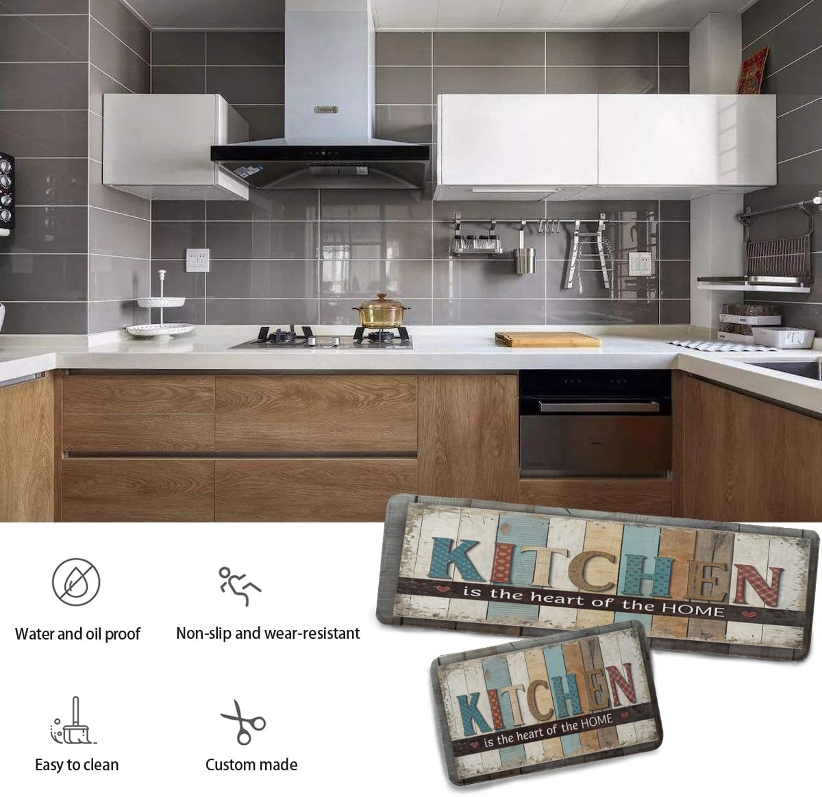 Wood Plank Unique Kitchen Mat [2pcs] Padded Anti-Fatigue Kitchen Rug, Waterproof Non-Slip Kitchen Mat and Rug for Kitchen, Floor Home, Office, Sink, Laundry Room 17" x 59"+17" x 30"