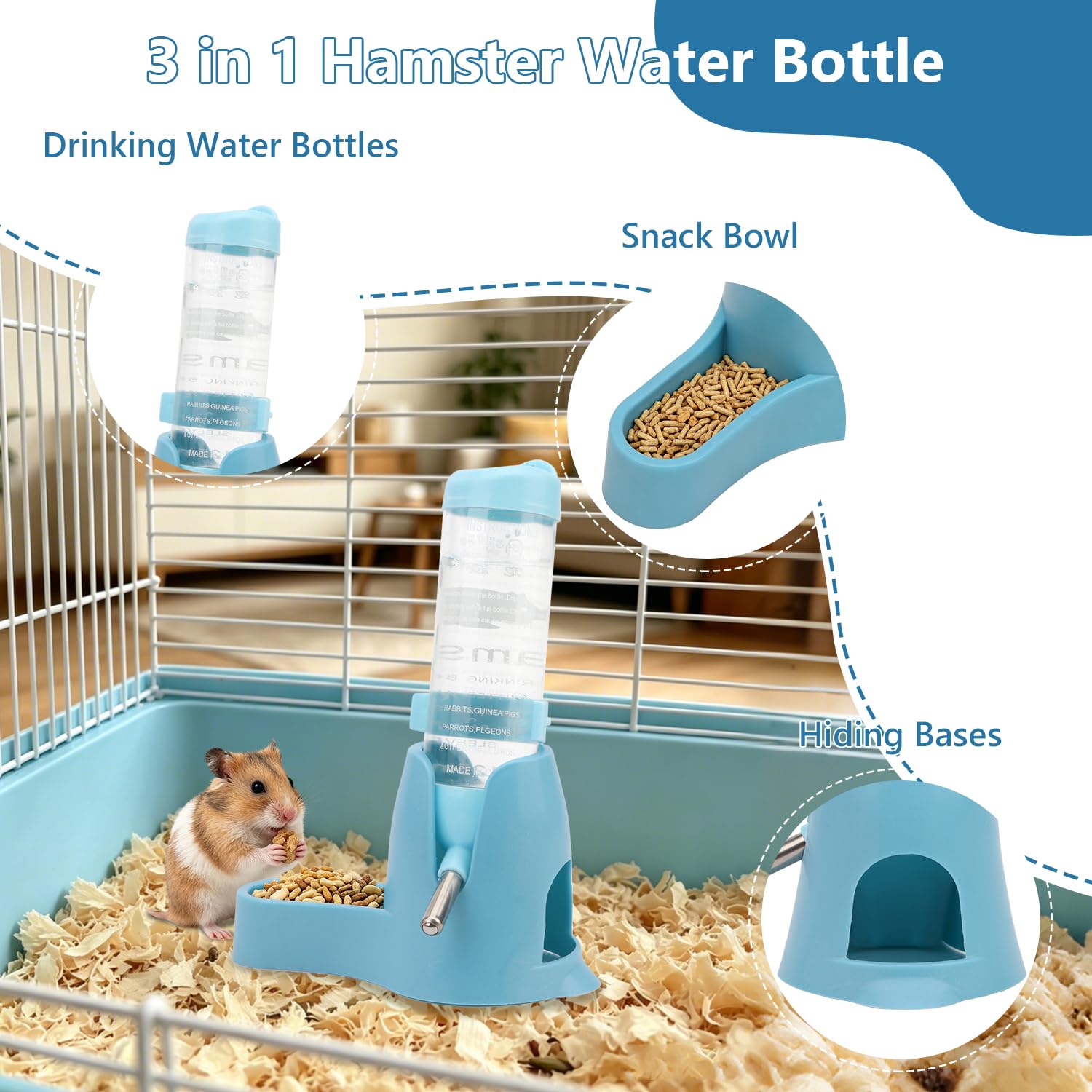 Litewoo 125 ml 3-in-1 Hamster-Wasserflasche, Futterbehälter, Basis für Trinken, Fütterung, Ratte, Meerschweinchen, Frettchen, Kaninchen, kleine Tiere, zum Aufhängen von Wasserflaschen, Blau
