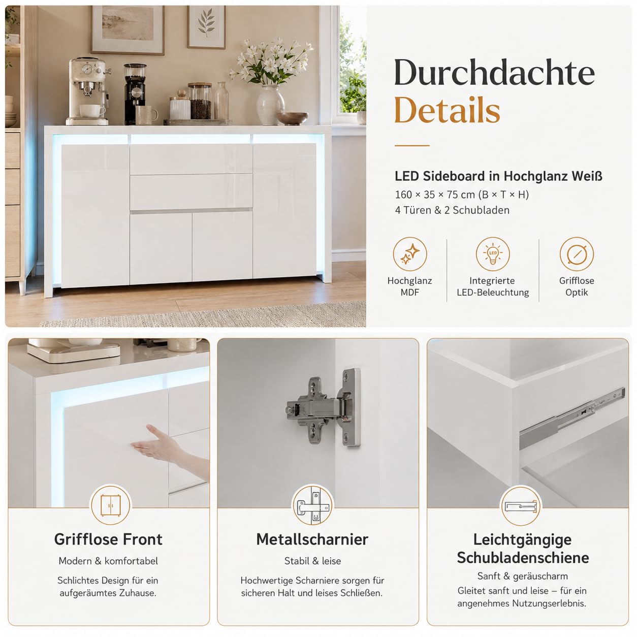 Kommode Weiß Hochglanz Mit LED Beleuchtung, Modernes Sideboard Mit 2 Schubladen Und 4 Schränken, Flurschrank Buffetschrank TV Schrank Wohnzimmerschrank Für Wohnzimmer, Schlafzimmer, Büros, Flur