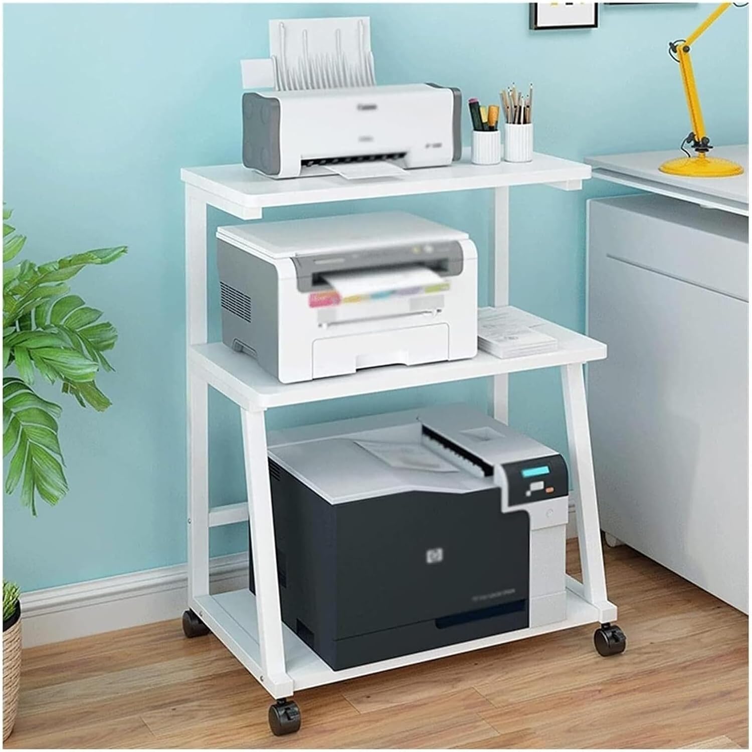 Soporte de madera para impresora, carrito móvil de 3 niveles con ruedas para almacenamiento de oficina en casa, perfecto para trituradoras de papel, dimensiones: 48 x 38 x 75 cm