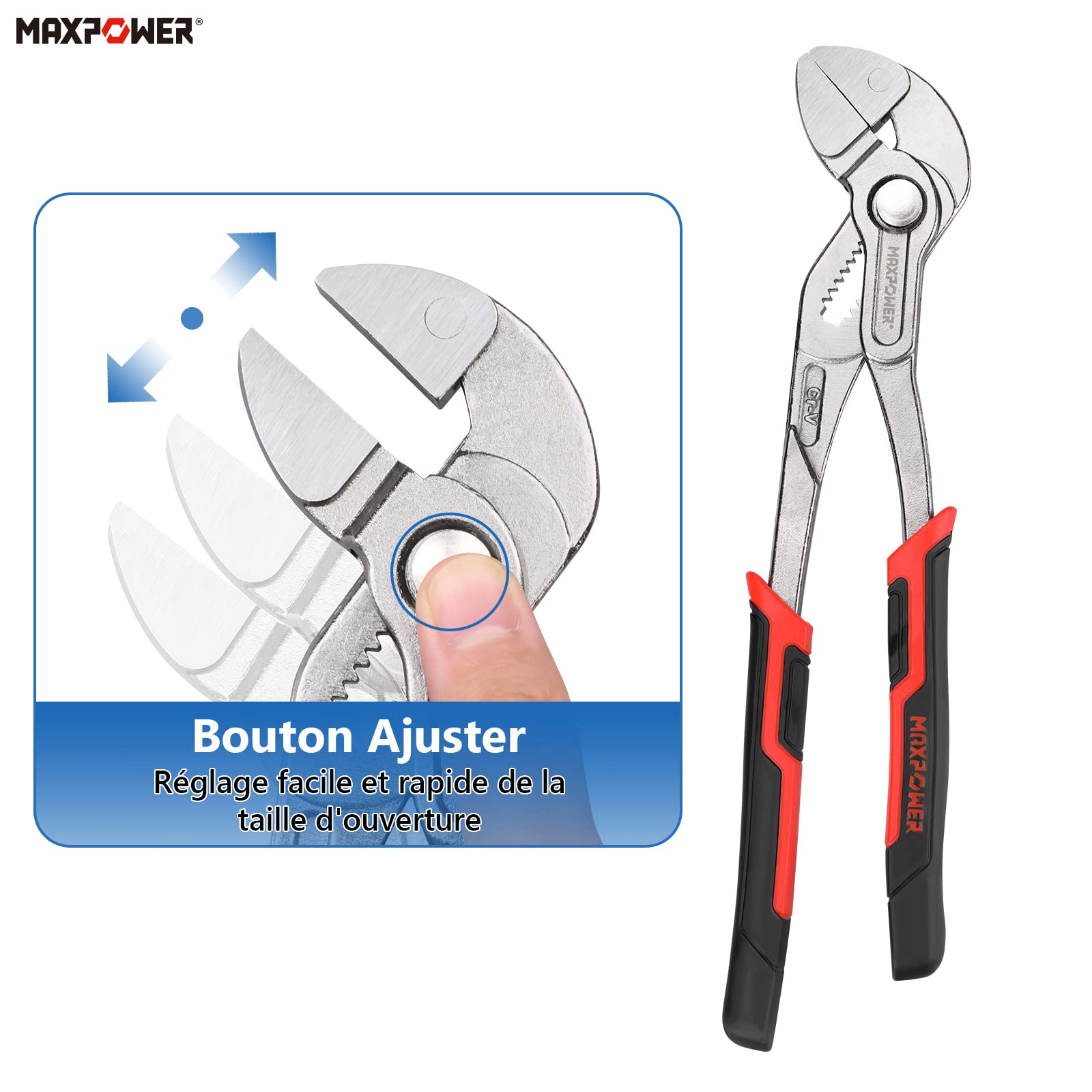 MAXPOWER 250 mm, pince multiprise 2 en 1, clé multiple, largeur de mâchoire max 80 mm, réglage fin par simple pression d'un bouton, acier CR-V, Pince-clé