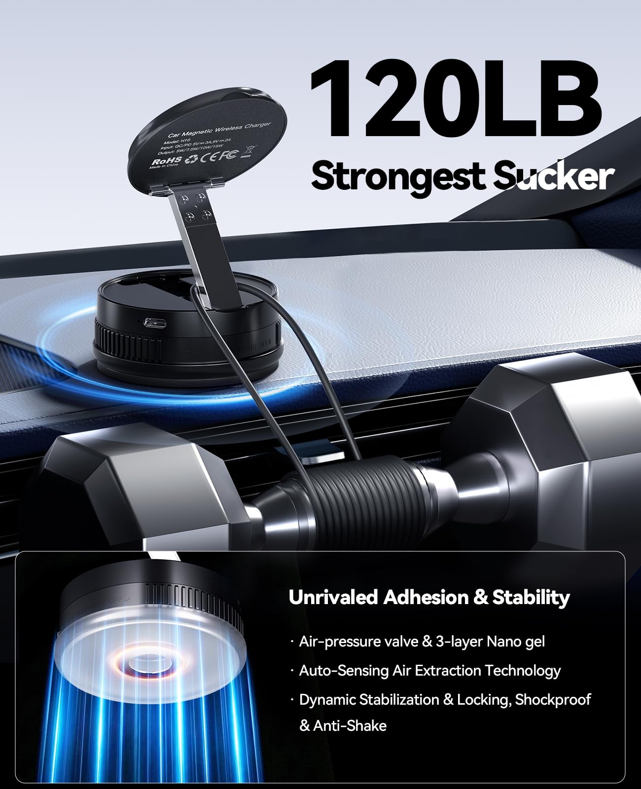 QUZUDN Cargador de coche para iPhone 17-12, soporte de teléfono de carga inalámbrica rápida de 15 W, succión fuerte de 120 libras y magnético de 2800 gf, soporte de cargador de coche giratorio de 360°