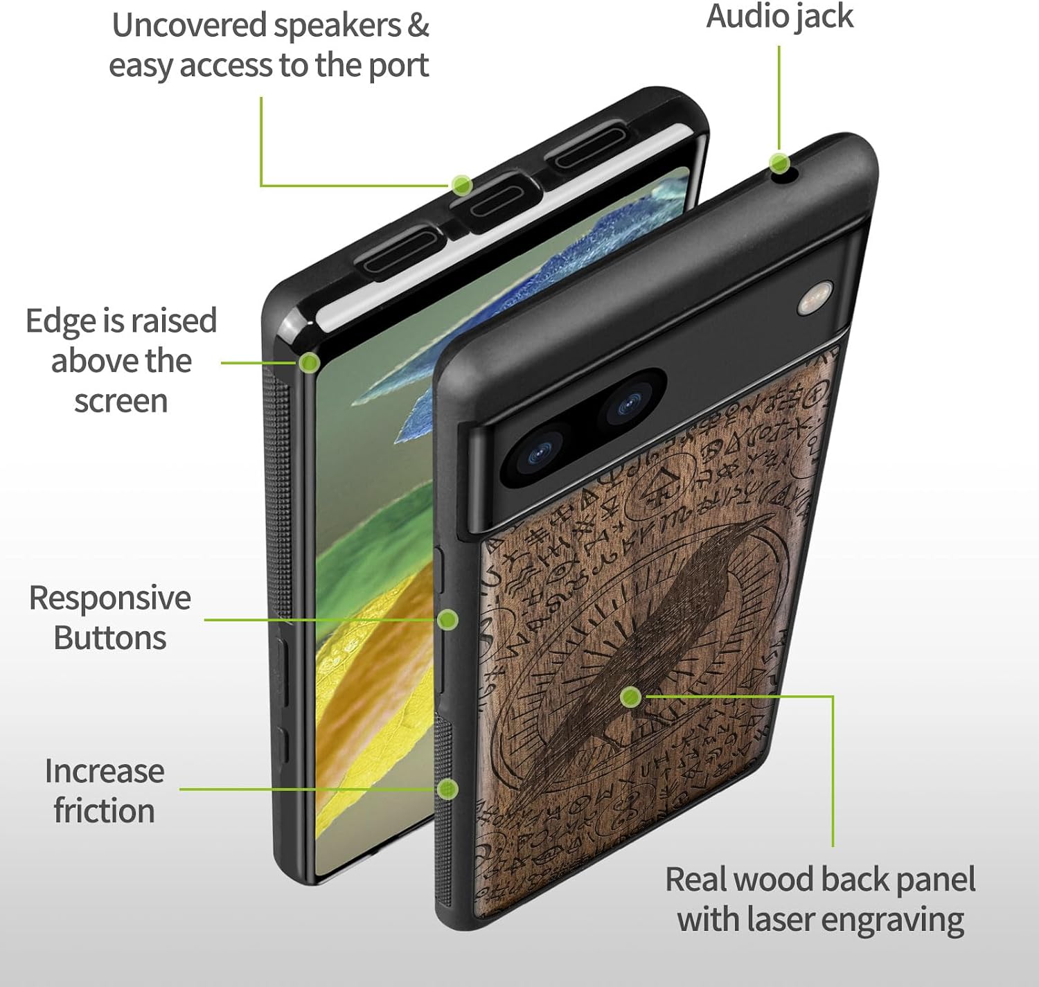 Carveit Wood Case for Pixel 8a Case [Natural Wood & Black Soft TPU] Shockproof Protective Unique Wooden Cover Compatible with Google Pixel 8a (The Haloed Crow-Walnut)
