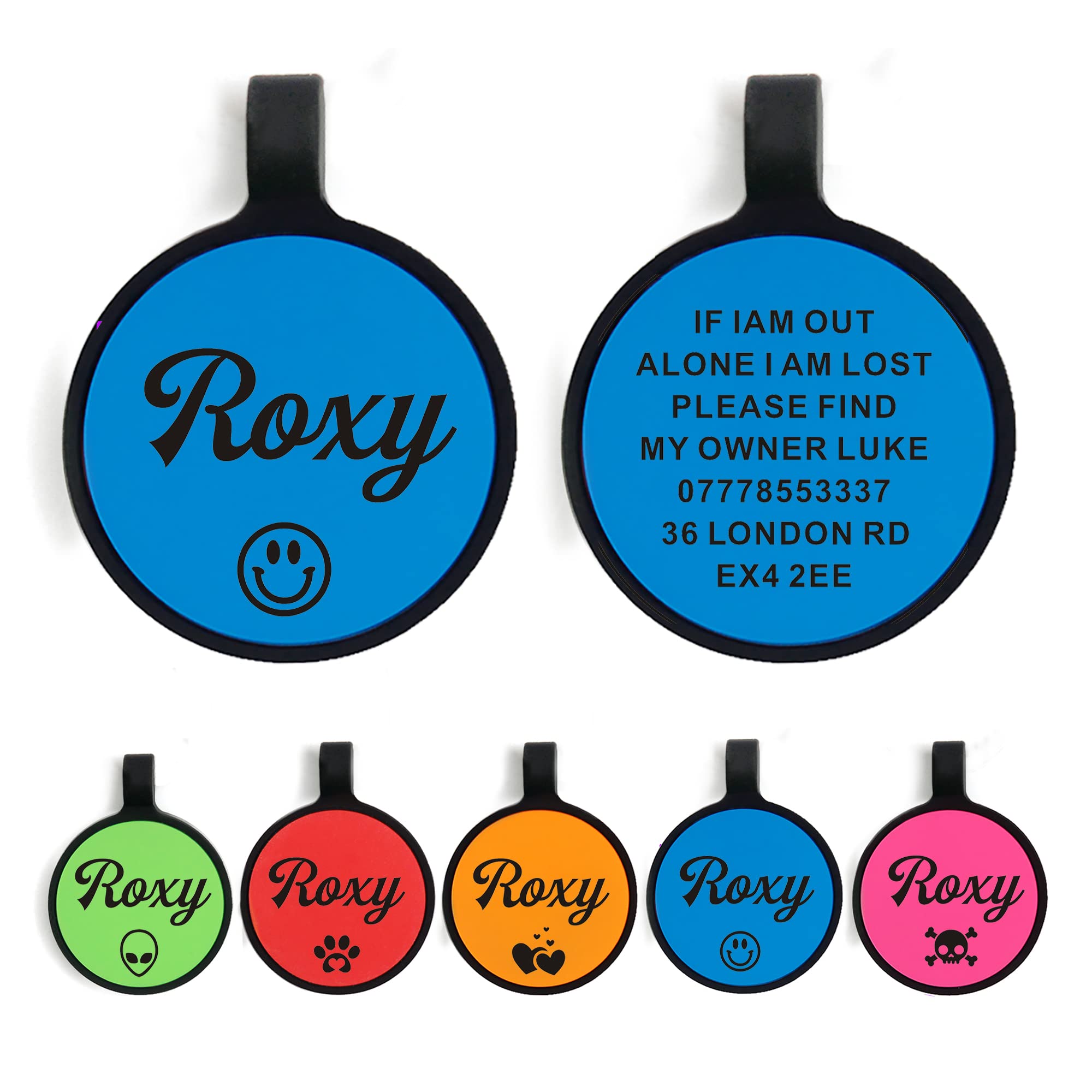 Blue Round Silicone Dog ID Tag - Personalized with Any Text, Silent, Engraved