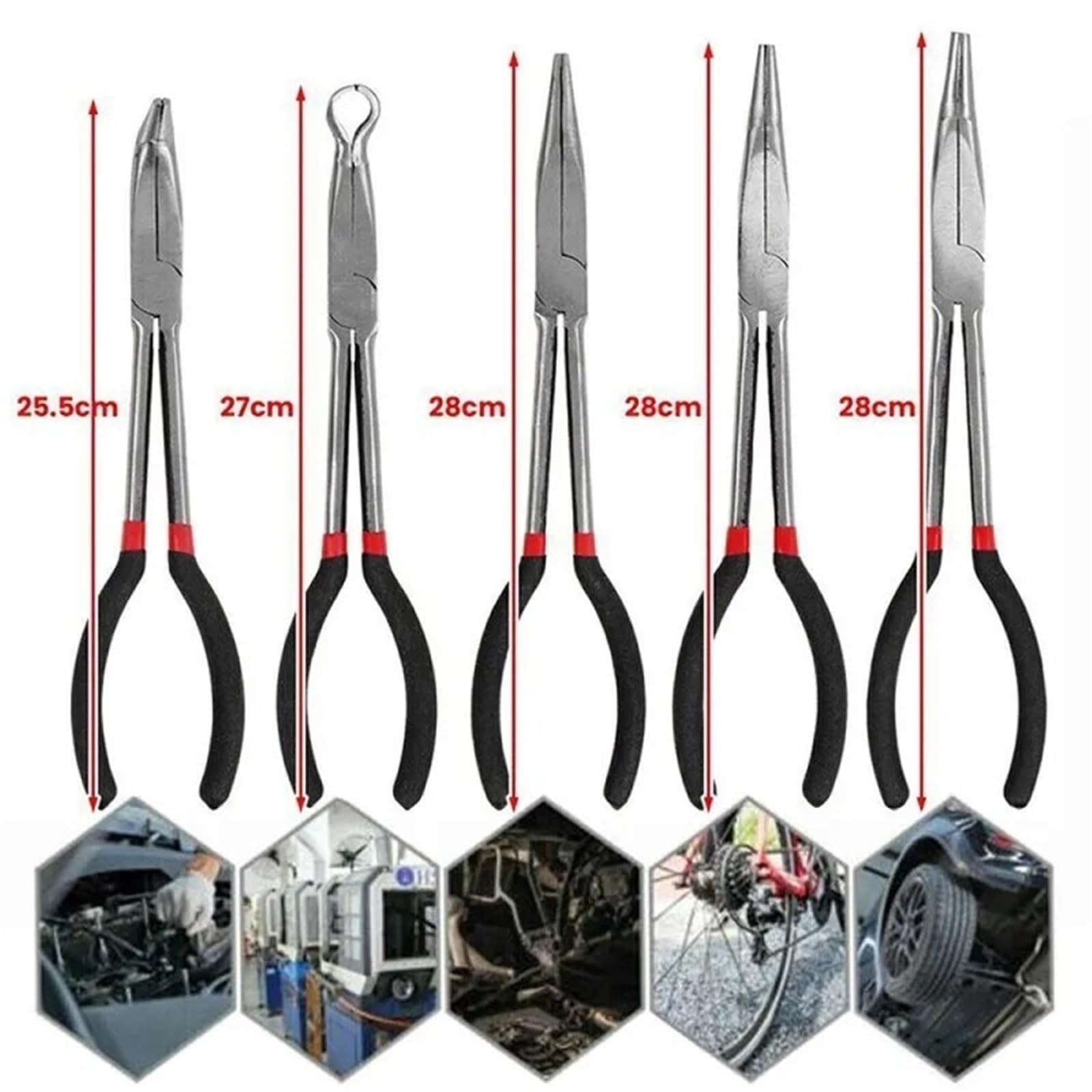 Set Di Pinze Set di 5 pinze a becchi da 280 mm, dritte, curve a 25°/45°/90° e tondi, utensili manuali ergonomici antiscivolo for riparazioni auto fai te