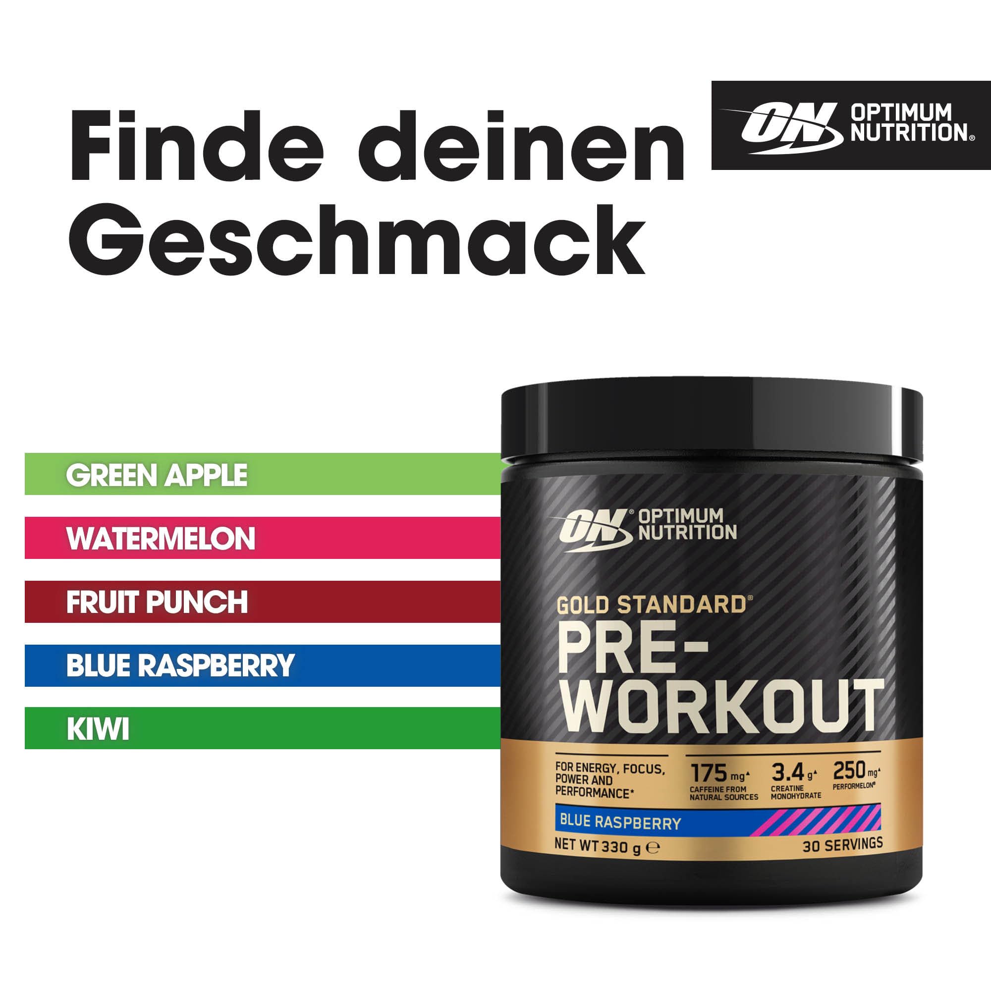 Optimum Nutrition Gold Standard Pre-Workout Energy Drink Pulver, Geschmack Blue Raspberry, 330g, 30 Portionen