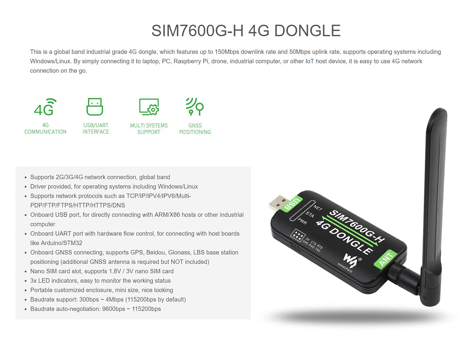 Waveshare SIM7600G-H 4G DONGLE, with Antenna, Compatible with Windows/Linux