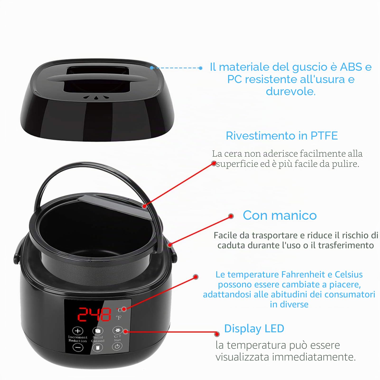 Macchina per la terapia della cera elettrica professionale con schermo a LED, 4 sacchetti di cera da 100 g e 20 bastoncini di cera, utilizzati per i numeri di depilazione del corpo