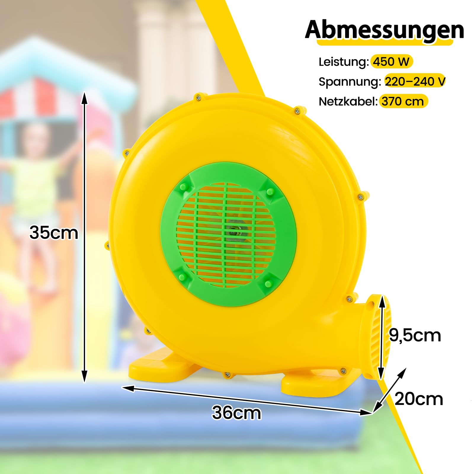 RELAX4LIFE 450W Gebläse Hüpfburg, Luftgebläse mit Praktischem Griff und 2 Erdspießen, Leistung 1650 Pa, Kapazität 850 m³/h, Elektrische Gebläse für Hüpfburgen, Wasserrutschen, Gelb