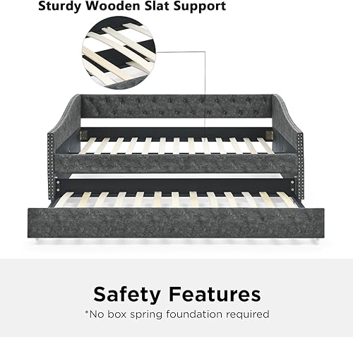 Miniatura 5 de Sofá cama de tamaño matrimonial con cama nido individual, sofá cama capitoné tapizado con botones y adornos de uñas en los brazos, marco de cama de