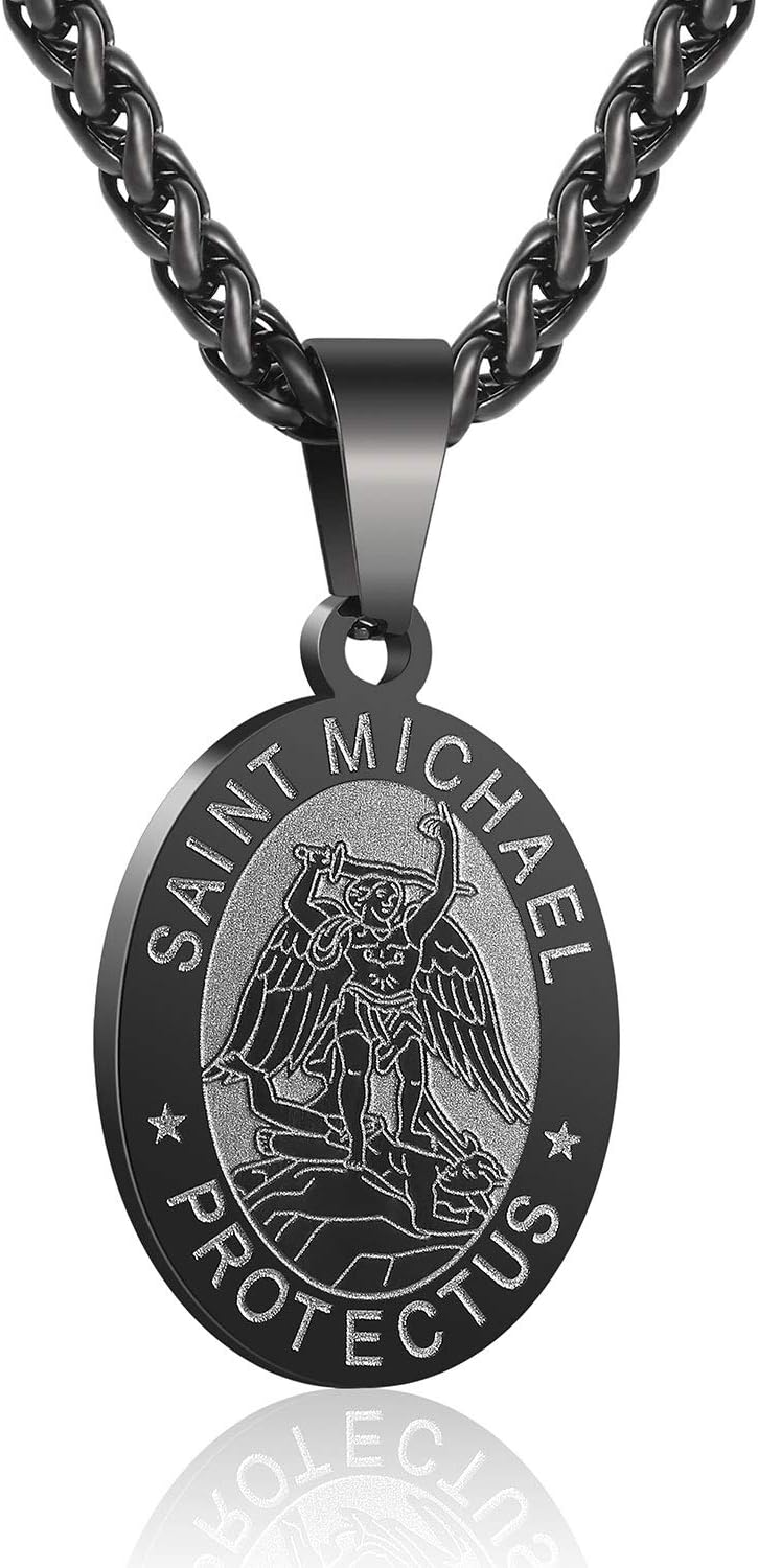 P. BLAKE Oval Saint Christopher/Michael/Joseph/Jude/Virgin Mary/Joseph/Francis/Patrick/Anthony/Benedict/Thomas Necklace for Men Women, Stainless Steel Catholic Patron Pendant with Chain 24 Inches