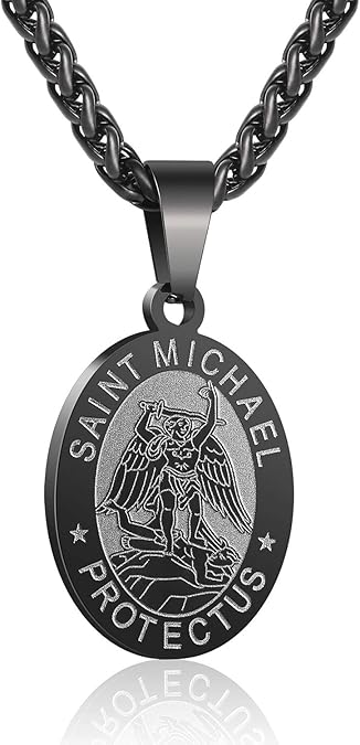 P. BLAKE Oval Saint Christopher/Michael/Joseph/Jude/Virgin Mary/Joseph/Francis/Patrick/Anthony/Benedict/Thomas Necklace for Men Women, Stainless Steel Catholic Patron Pendant with Chain 24 Inches