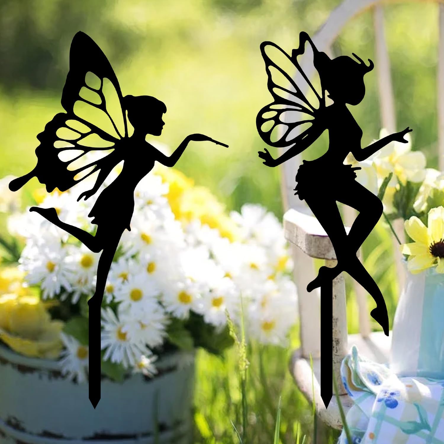 Garden Stake Metal Outdoor Decoration - Fairy With Magic Garden Stakes Outdoor Garden Decor Fairy Art Lawn Garden Silhouette Black Fairy Silhouette Stake for Yards, Gardens Spring Decor - Set of 2
