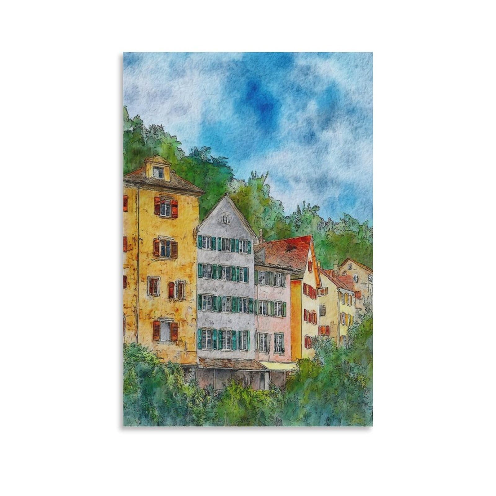 Lcynnh Unframe-Style Tubingen Germany 24X36inch(60X90cm) Vintage Travel Poster Watercolor Canvas Art