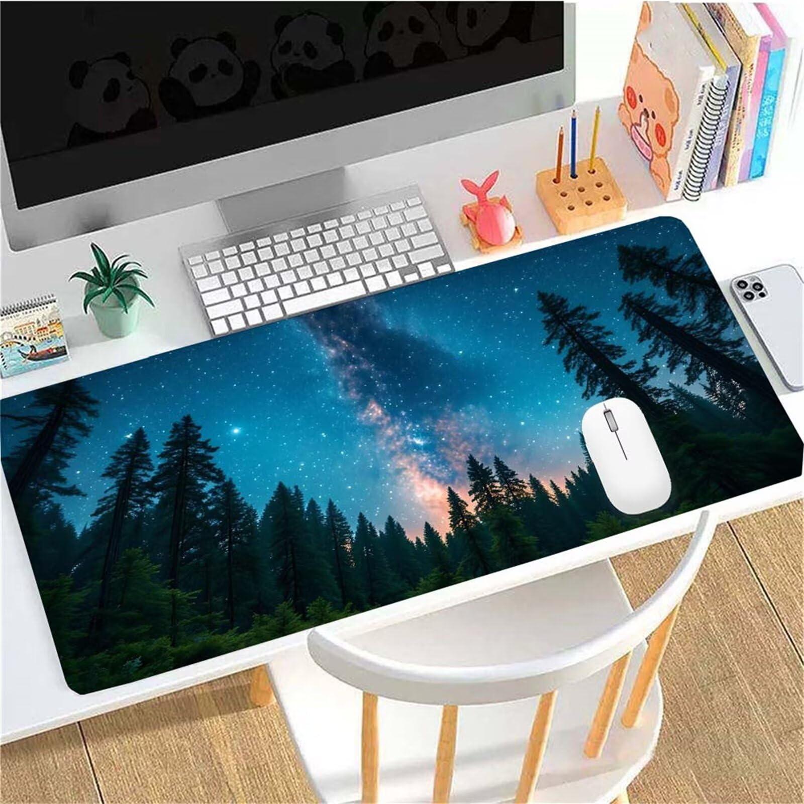 Alfombrilla Ratón Bosque Cielo Estrellado Alfombrilla Ratón XXL 1400x600x3mm Mouse Pad Resiste Salpicaduras, Extendida de Gran Tamaño con Bordes Cosidos, Mejora la Precisión y la Velocidad y-411