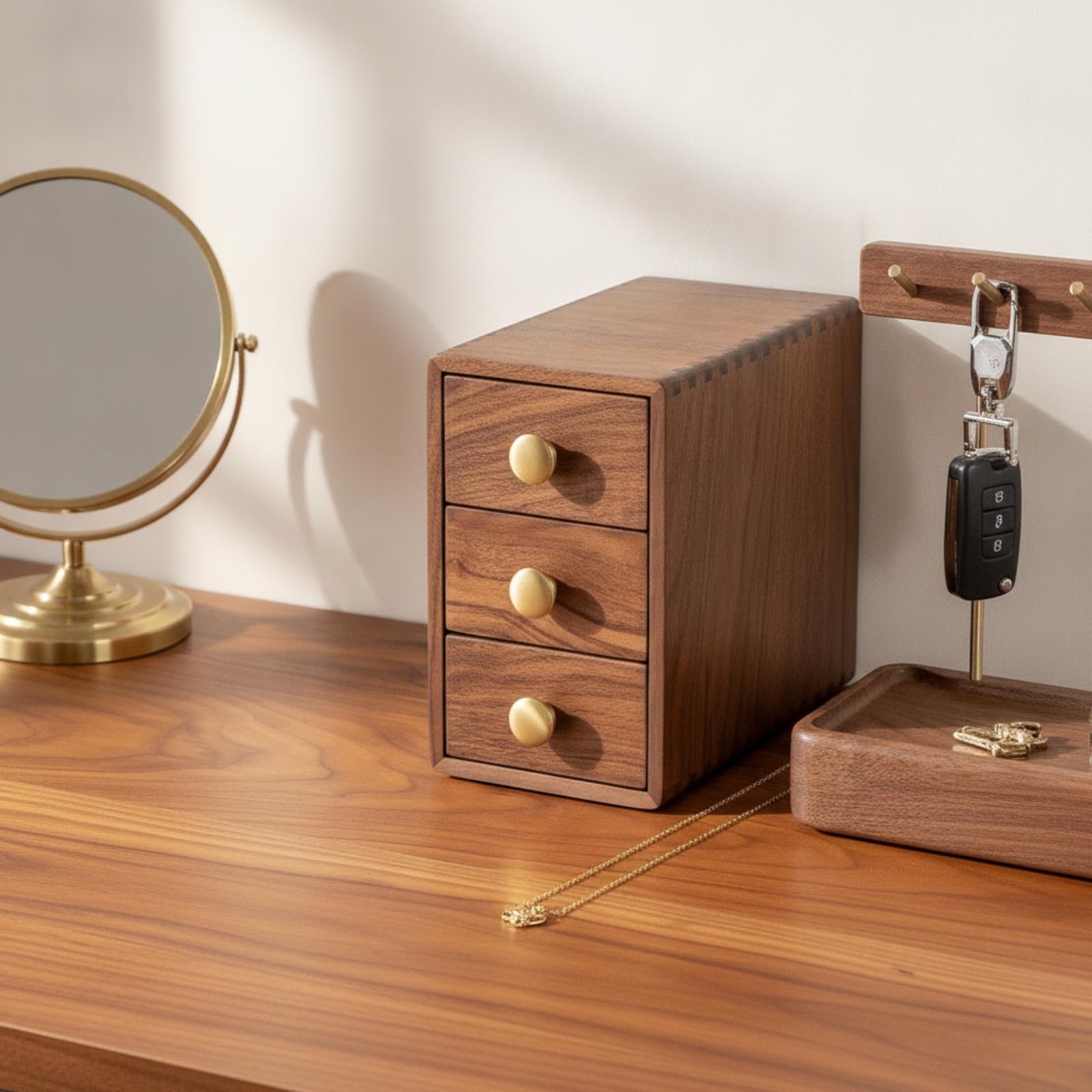 Schreibtisch-Organizer mit Schubladen platzsparend Organizer mit Schubladen praktisch Schubladenbox für Büro, Klein 13x23x20cm, Nordamerikanischer Schwarznussbaum Mit Konischem Griff