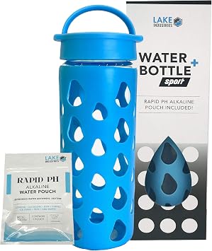 Alkaline SPORT Water Bottle+BPA Free Glass- Anti-Slip Silicone Grip- 22oz/ 650ml- Infused Pouch - Use for Work, Sports, Outdoors - 1 Rapid pH Alkaline Water Filter Pouch Included