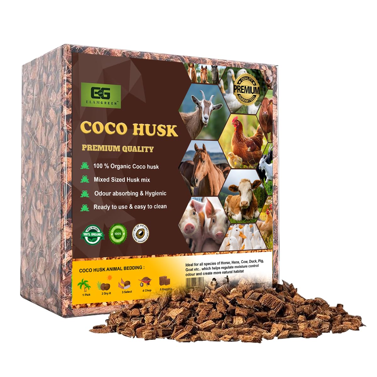 Elamgreen Coconut Husk Chips for Reptile, Horse, Pig, Goat Bedding, Natural Coco Coir Brick (5kg)