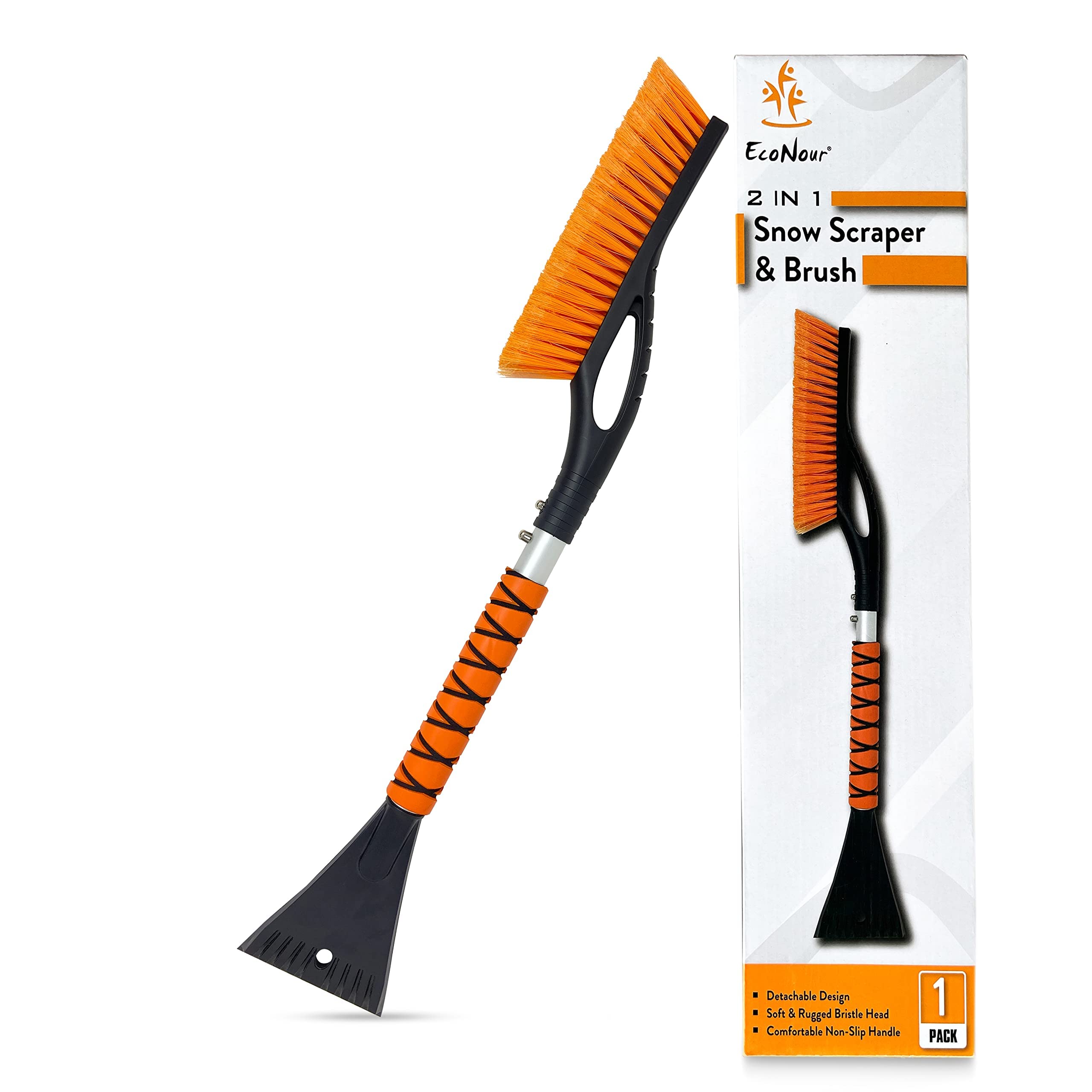 EcoNour Brosse à Neige de Voiture de 68,6 cm (Lot de 1) | Grattoirs à Glace pour Pare-Brise et fenêtre de Voiture | Grattoir à Glace avec poignée Ergonomique en Mousse - Accessoires d'hiver (Orange)