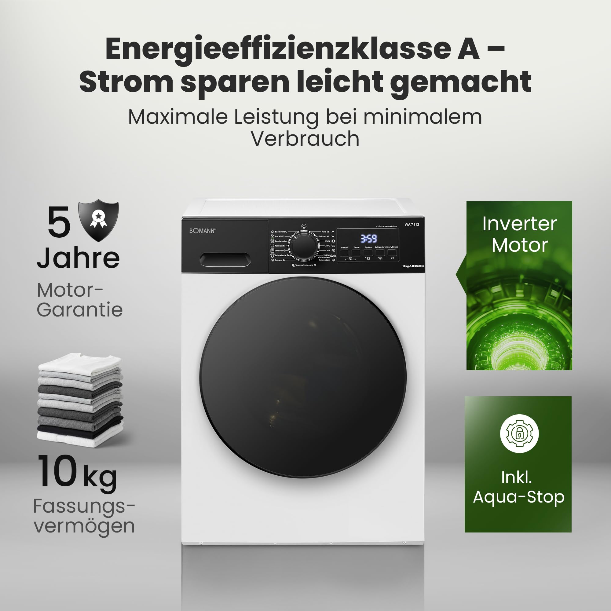Bomann® Waschmaschine 10kg | 5 Jahre Motor-Garantie | Invertermotor - effizient, leise & langlebig | inkl. Aqua-Stop | max. 1400 U/min | 15 Programme | LED-Display | Washing Machine | WA 7112 weiß