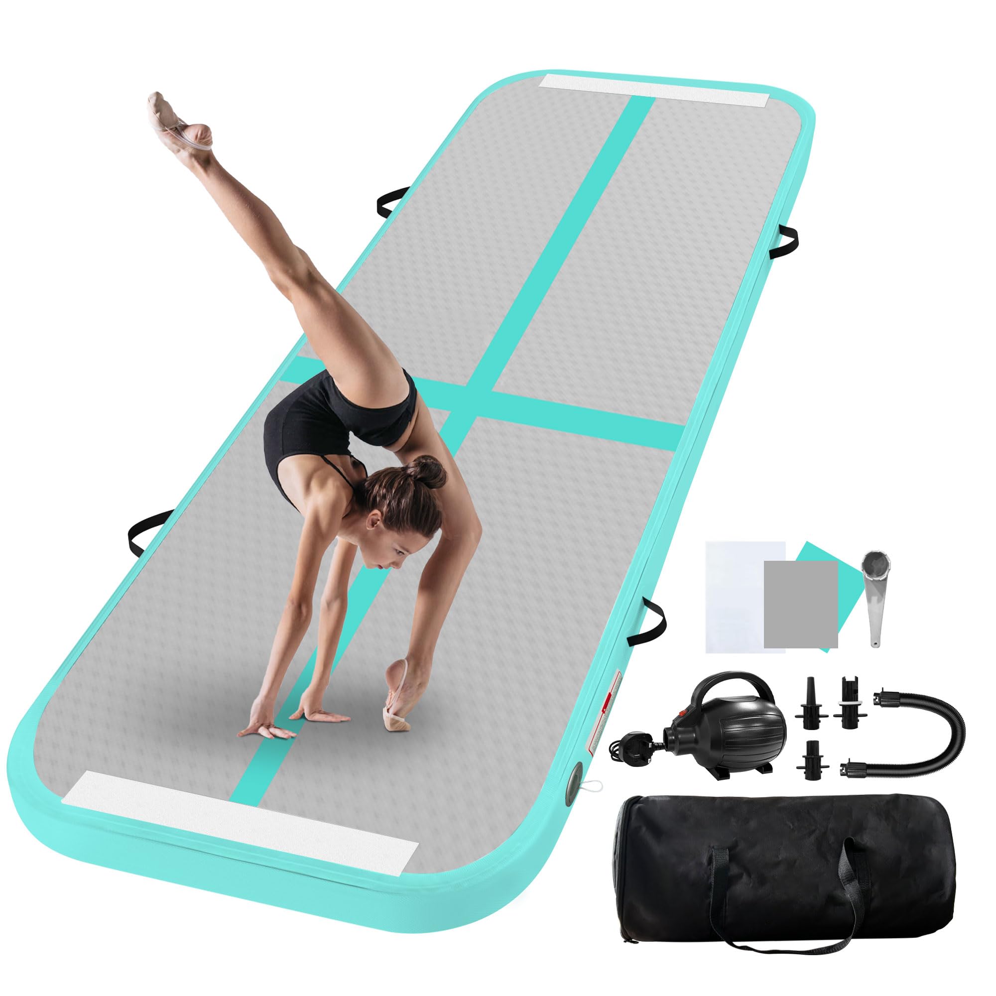 Colchoneta inflable de gimnasia, 2 m, 3 m, 4 m, 5 m, 6 m, 10 cm de altura, con bomba de aire, para uso familiar, yoga, agua, danza, 4 m x 1 m x 20 cm, color verde