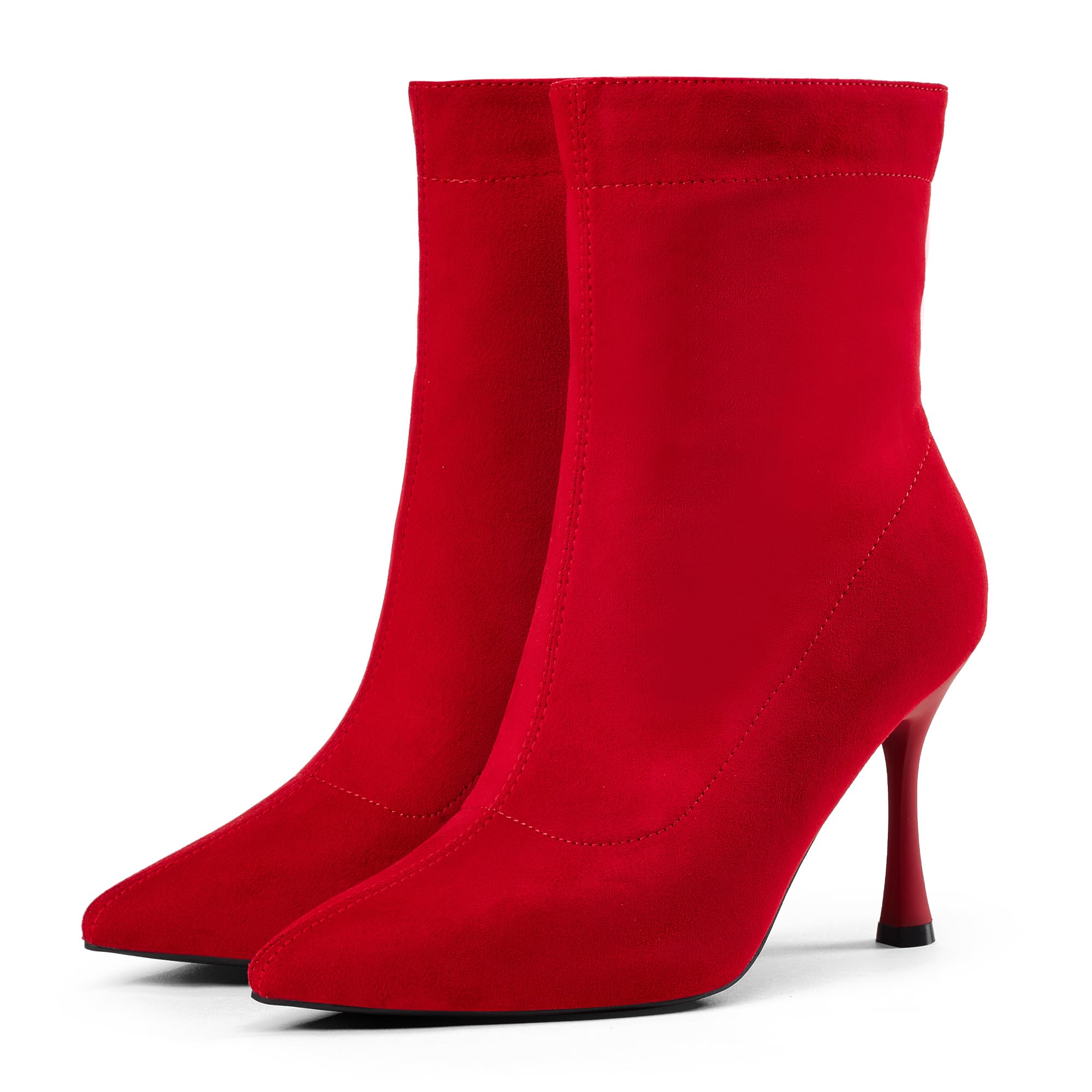 Damskie botki 9 cm szpiczasty nosek - średni obcas szpilki buty robocze dla kobiet modne krótkie buty czarne 8, Czerwony zamsz, 39 EU