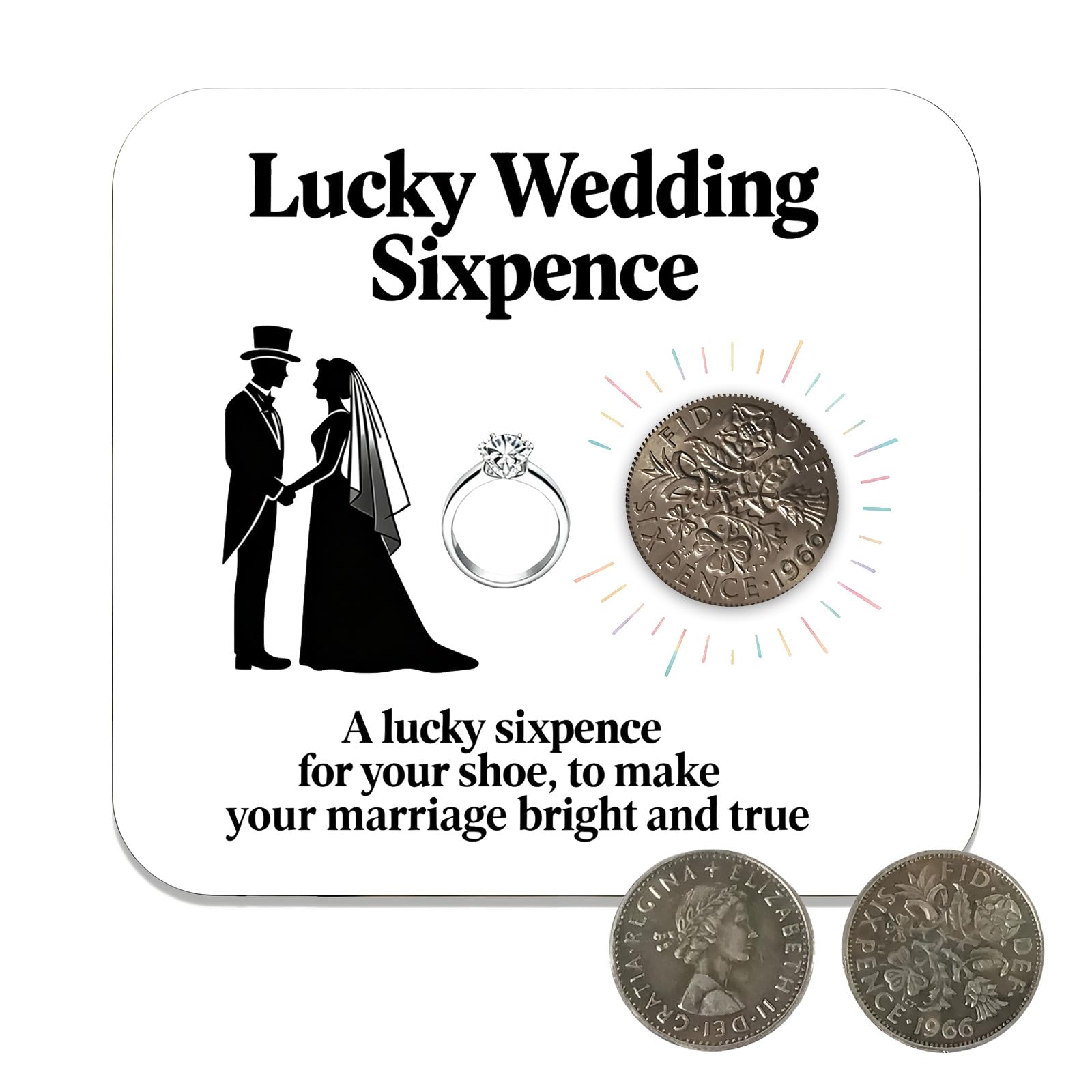 YSUY Lucky Wedding Sixpence Set - 1966 Antique-Finish Coin & Blessing Card for Bride's Shoe, Traditional British Marriage Gift for Bridal Party (Marriage Card)