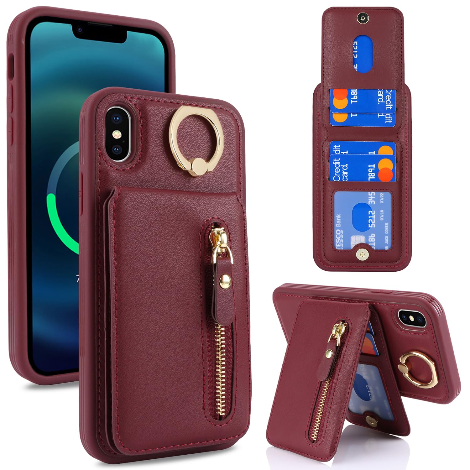 SailorTech iPhone X/XS Case with Card Holder, Ring Stand, Kickstand - Burgundy - Image 2