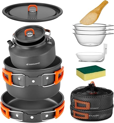Miniatura 7 de Odoland Juego de 10 ollas y sartenes de camping con cuencos de plástico y cuchara de sopa para camping, mochileros, cocina al aire libre y picnic
