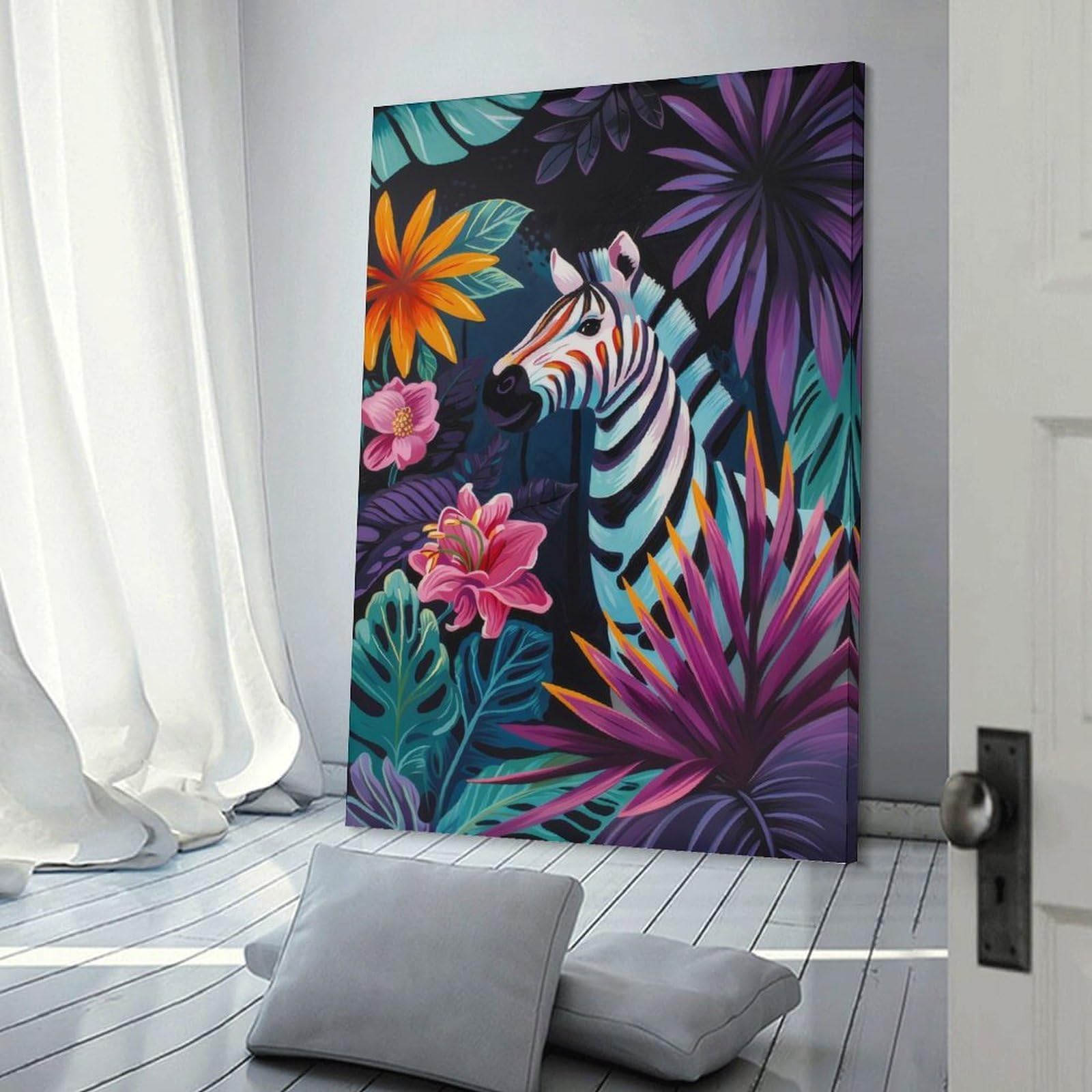Junmoney Frame-Style-11 Zebra In Tropical Floral Setting Decorative Canvas Print, 12X18inch(30X45cm), For Living Room, Bedroom Or Home Office, Canvas Artwork With Gifting Potential