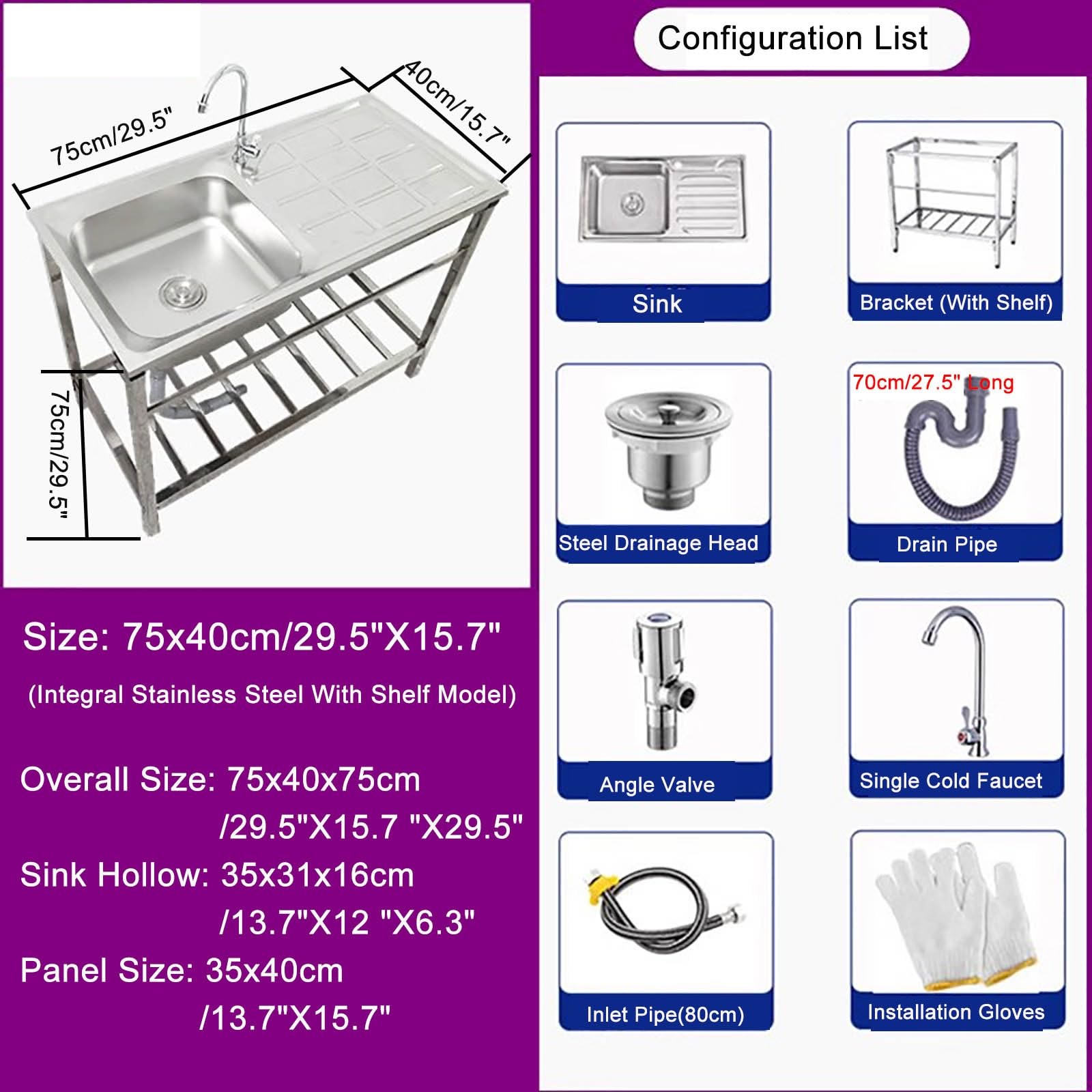 Fregadero Industrial Comercial Con Estante Inferior Independiente Con Encimera Portatil De Acero Inoxidable Camping Con Grifo Para Garaje Restaurante Patio Exterior(Size,75x40xH75cm