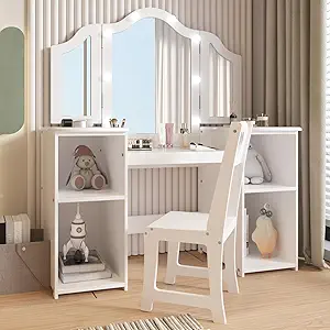 Kids Vanity with Lights Storage Cabinet & Touch Light Detachable Tri-Folding Mirror, 2 in 1 Toddler Vanity Table & Chair Set Wooden Girls Vanity Dress Table for Girls