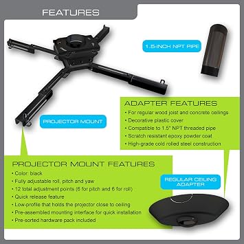 محول سقف QualGear Pro-AV QG-KIT-CA-3IN-B ذو العارضة الواحدة، ملحق مجموعة تركيب جهاز العرض مقاس 3 بوصات و1.5 بوصة، أسود