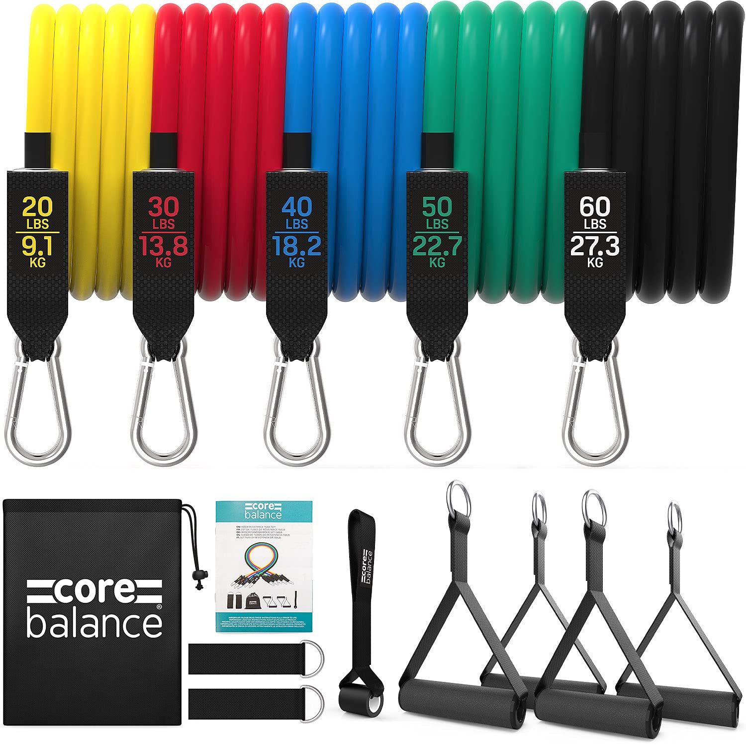 Core Balance Resistance Bands Set, 5 Fitness Tubes, 4 Handles, 2 Ankle Straps, Door Anchor, Bag