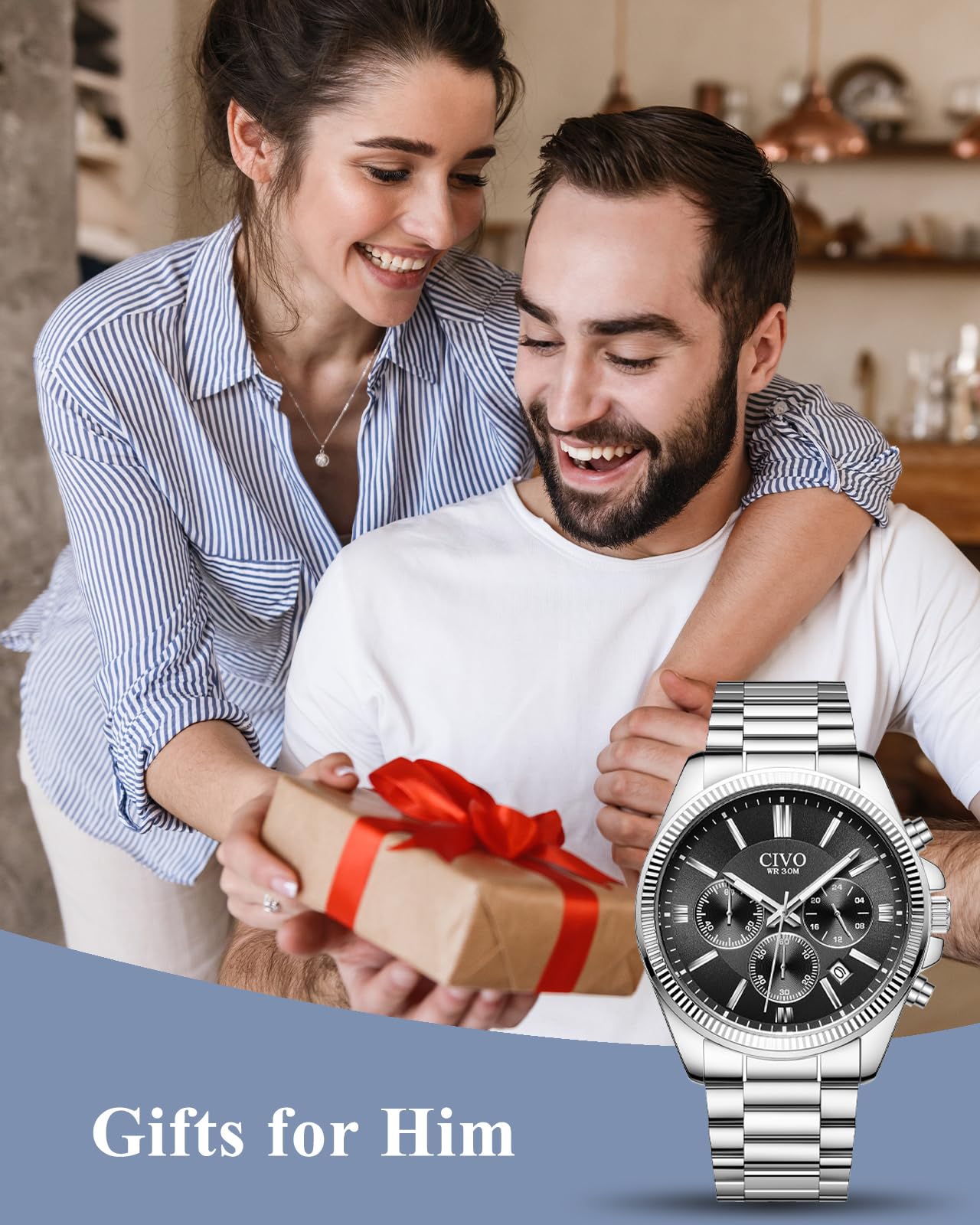 CIVO Montre Homme Chronographe Acier: Etanche Analogique Grand Cadran Date | Montre Bracelet avec Aiguilles Lumineuses pour le Quotidien Casual Affaires - Cadeau pour Lui Père Mari Noël Anniversaire