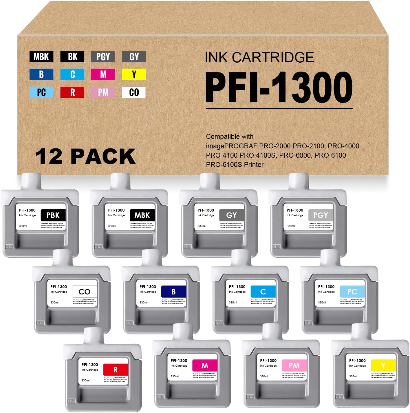 PFI1300 PFI-1300 Ink Cartridges High Yield Remanufactured Replacement for Canon PFI-1300 Ink Tank for imagePROGRAF PRO-2000 PRO-2100 PRO-4000 PRO-6000 Printer (12-Pack)